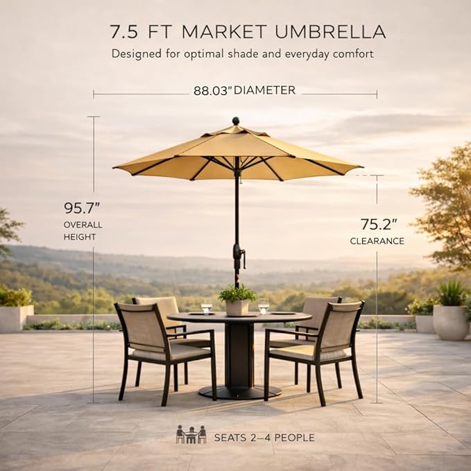 Treasure Garden 7.5ft Patio Umbrella – Outdoor Market Umbrella – Push Button Tilt – Black Aluminum Frame (Sunbrella, Jockey Red)