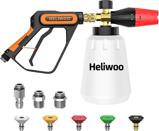 Short Pressure Washer Gun with Foam Cannon 5000 PSI, 1/4 Inch Quick Connector, with 5 Pressure Washer Nozzle Tips, 1 Liter