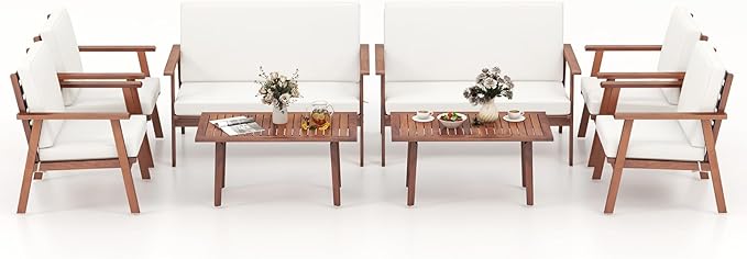 Tangkula 4 Piece Outdoor Conversation Set, Acacia Wood Sofa Set with Soft Seat & Back Cushions, Rectangle Coffee Table Patio Wood Furniture Set for Backyard, Poolside, Garden (2, Off White)