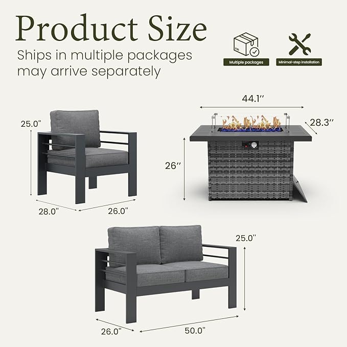 LayinSun Aluminum Furniture Set with Fire Pit Table, 4 Pieces Patio Sectional Conversation Chat Sofa Modern Seating Set