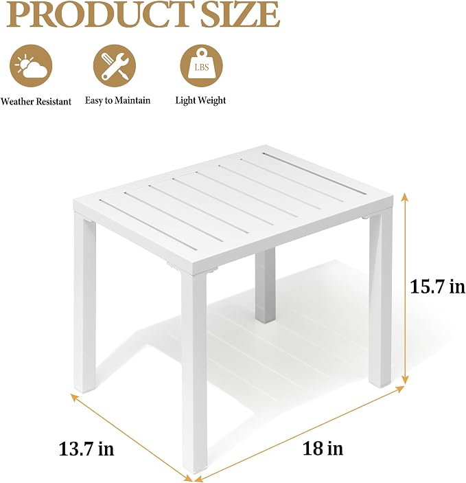 Crestlive Products Outdoor Side Table Set of 2, Aluminum Rectangular Side/End Table, Small Patio Coffee Bistro Table for Outdoor Indoor (White)