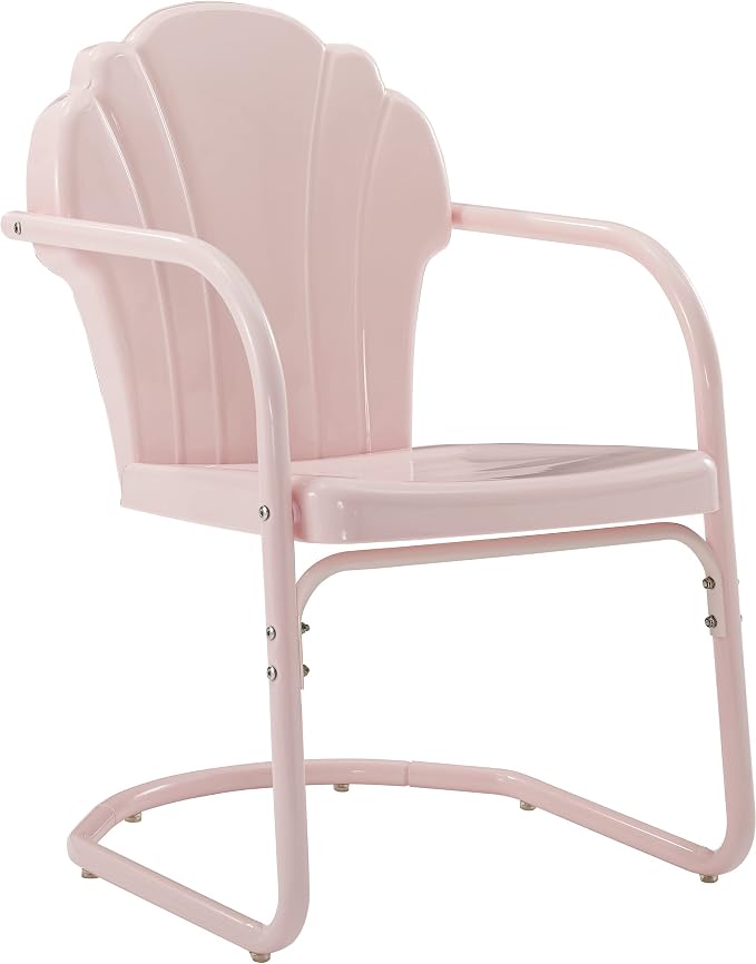 Crosley Furniture Tulip 5-Piece Outdoor Dining Set for 4, Retro Metal Round Patio Table and Chairs for Deck, Pastel Pink Gloss