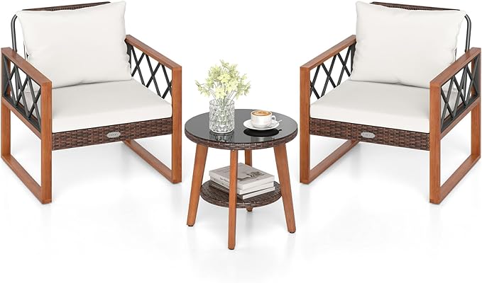 Tangkula 3 Pieces Patio Wicker Furniture Set with Acacia Wood Frame, Outdoor Conversation Cushioned Chairs and 2-Tier Tempered Glass Coffee Table for Porch, Balcony, Garden and Backyard (Off White)
