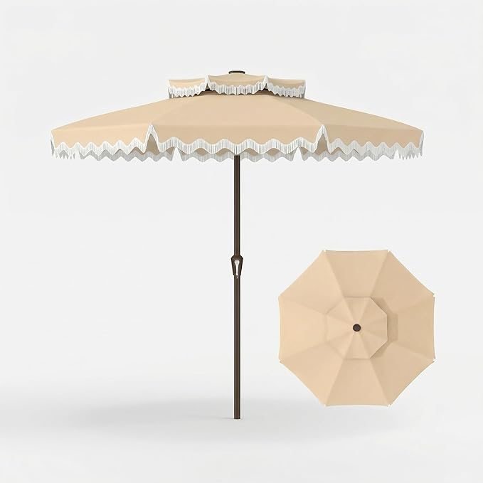 Patiokingdom 9FT Patio Umbrella with Fringe,Tassel Umbrella UPF 50+ & Push-Button Tilt,Rust-Resistant Fiberglass Frame for Pool,Garden,Backyard,Yard (Khaki -1)
