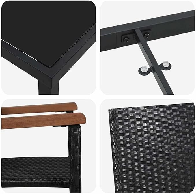 Afuera Living 5 Piece Poly Rattan Garden Dining Set, Black Finish, Powder-Coated Steel Frame with Acacia Wood Armrests, UV Resistant, Includes Seating for 4, Modern Outdoor Patio or Garden Furniture
