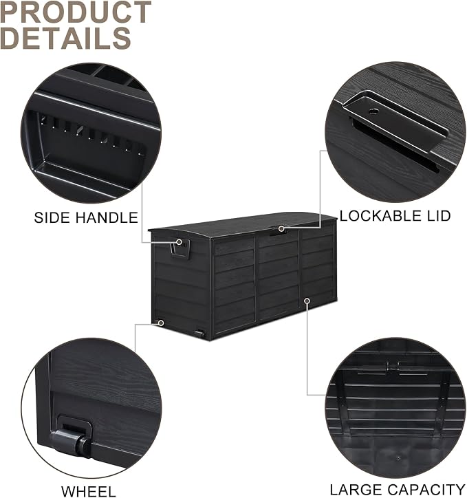 75 Gallon Outdoor Deck Box, Lockable Patio Outdoor Storage Box with Wheels, Waterproof Deck Storage Boxs for Furniture, Garden Tools Poolside and Tools Storage, Black