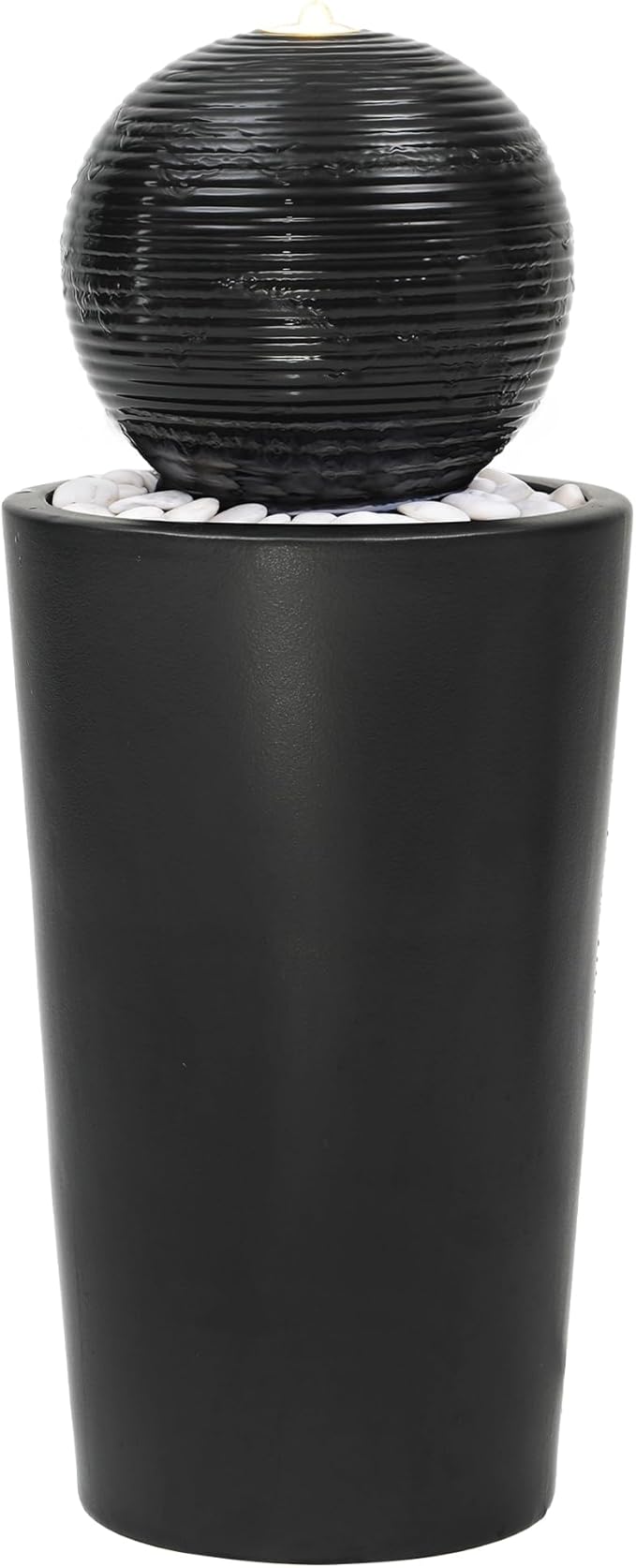 30" H Ceramic Sphere Water Fountain with LED Light, Modern Minimalist Design, Black Glaze with White Pebbles, Soothing Trickling Water Feature, Adding Artistic Charm & Tranquil Ambiance