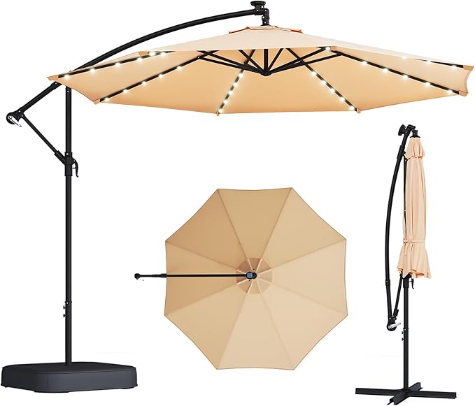 EROMMY 10FT 40-LED Solar Lighted Patio Umbrella with Base Included, Outdoor Offset Cantilever Umbrella, Infinite Tilt, Crank and Cross Base, UV Protection for Backyard, Lawn, Garden & Pool