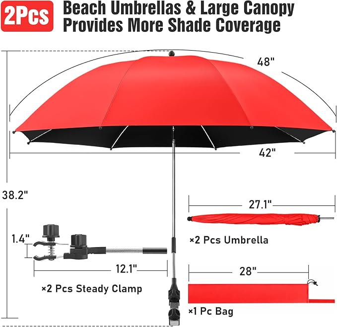 2 PACK Beach Umbrella with Clamp, 360 ° Adjustable Umbrellas for Chair, UPF50+ Umbrella for Beach Chair, Patio Chair, Wheelchair, Camping Chair, Golf Carts (Chair Not Included)