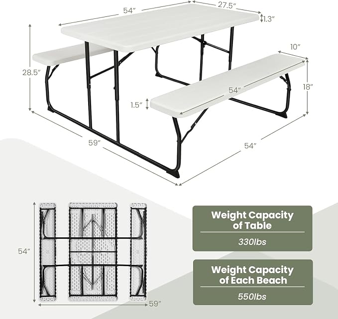 Goplus Foldable Picnic Table with Benches, Rectangular Camping Table Set with Metal Frame, Folding Indoor Outdoor Dining Table Set for Garden, Patio, Backyard (White)