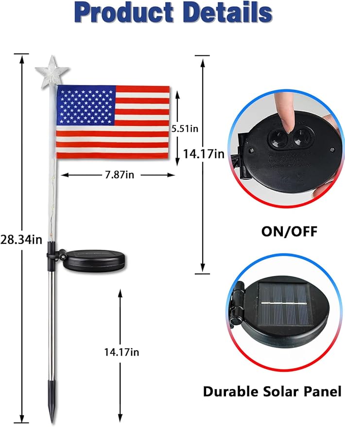 8 Pack Solar American Flag Lights Outdoor, 4th of July Decorations Outdoor, Waterproof Solar Flag Patriotic Lights for Yard, Garden, Pathway, Independence Day, 250th Anniversary (Red White and Blue)