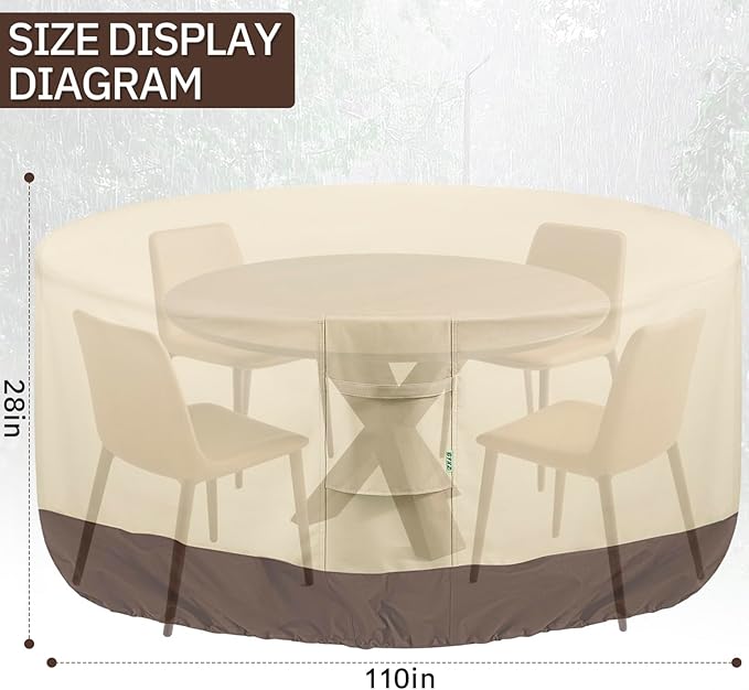 Round Patio Furniture Covers, 110" DIA x 28 H Waterproof Outdoor Furniture Cover for Patio Table & Chair Sets, 600D Heavy-duty UV-Resistant Fade-Proof Protection, Beige & Brown