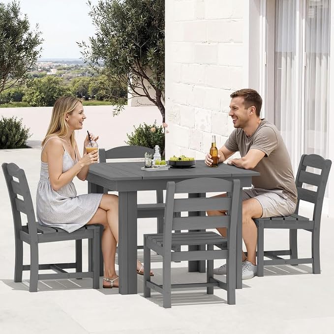 KINGYES 8-Piece HDPE Outdoor Dining Set for 6, Square Patio Table & Armless Chairs with Umbrella Hole, All-Weather Patio Dining Set for Backyard, Garden, Lawn & Poolside, Gray