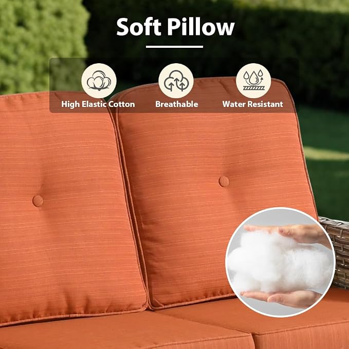 5 Pieces Patio Sectional Furniture Set, Outdoor Wicker Sectional Couch with Solar Lights Table, Modern Conversation Set for Porch Balcony Backyard, Orange