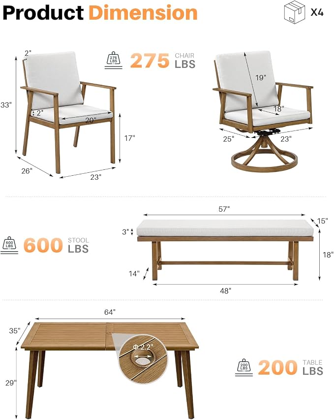 6-Piece Never-Rust Patio Dining Set, Aluminum Patio Furniture Set Includes Rectangle Dining Table, 2 Chairs, 2 Swivel Chairs & Outdoor Backless Bench, Patio Bench Set for Garden, Deck, Teak