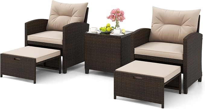 ORALNER 5 Pieces Patio Furniture Set with Ottoman, Wicker Conversation Set w/Cushions, Glass Coffee Table, Outdoor Rattan Lounger Chairs Bistro Set for Porch Balcony Garden Deck Poolside (Beige)