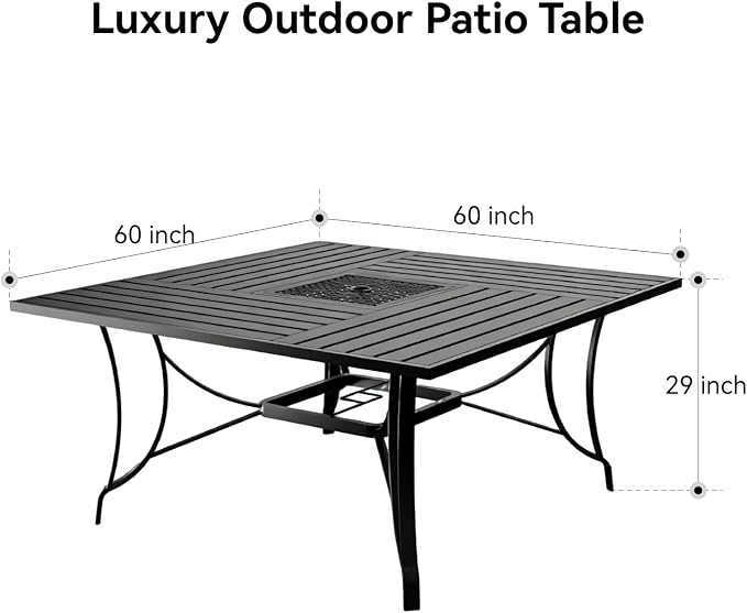 9 Pieces Outdoor Dining Table 60"x60" + 8 Patio Dining Chair Set, Square Patio Dining Table and Chairs with Stable Metal Frame for Garden, Backyard, Umbrella Hole Design, Suitable for 8 People