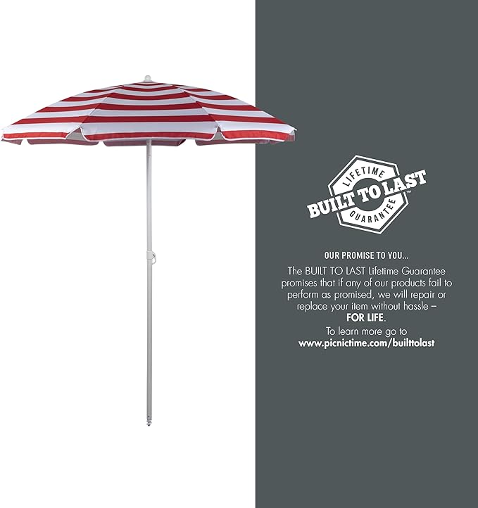 PICNIC TIME 5.5 Ft Portable Beach Umbrella, Lightweight UV Protection Sunshade with Tilt Pole & Carry Bag, Outdoor Canopy Umbrella for Beach, Sand, Pool, Patio, Camping, Travel, or Backyard Shade, (Red & White Cabana Stripe)