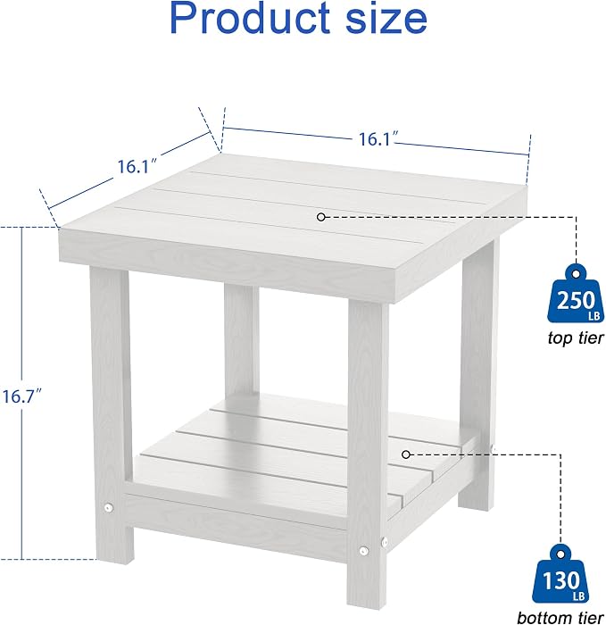 2-Tier HDPE Outdoor Square Side Table, Heavy-Duty Patio Side Table with Storage Shelf, Weather-Resistant Adirondack End Tables for Backyard, Pool, Porch, Garden, Lawn, White