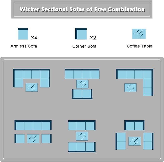 COSTWAY 7 Pieces Patio Furniture Set, Outdoor Rattan Conversation Set with 6 Seats, Coffee Tea Table, Soft Cushions, Wicker Patio Sectional Sofa for Garden Balcony Porch Poolside, Navy