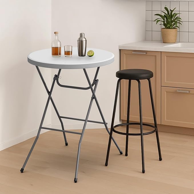 VINGLI 32" Plastic Folding Round Table Bar Height, HDPE Matrial with Gray Metal Finish, High Top Table for Outdoor Party, Cafes, Restaurants, Backyard, Dining Room, Wedding Event,1 Pack, White