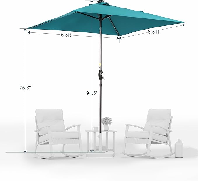 Square Patio Umbrella With Solar Lights, 6.5x6.5ft Square Umbrella Outdoor Patio with Tilt and Crank for Pool, Deck, Garden,Backyard
