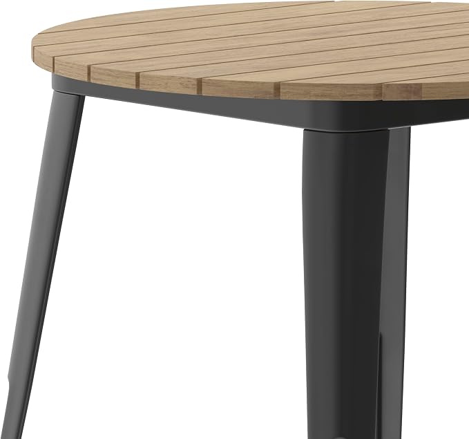 EMMA + OLIVER Drew Dining Table - Brown 30" Round Poly Resin Table Top - Black Steel Base - All-Weather for Indoor/Outdoor Use