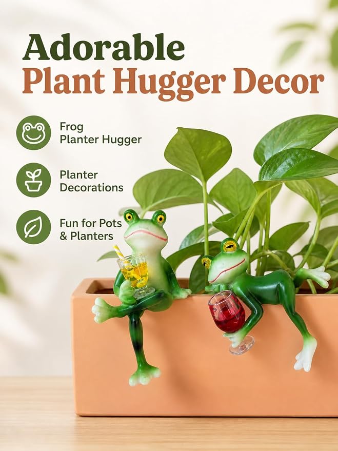 2 PCS Tipsy Frog Pot Hugger, Miniature Resin Figurines Plant Decorations for Pots, Outdoor Garden Decor for Flower Pot Yard Patio Lawn, Planter Hanger Statues, Funny Gifts for Women