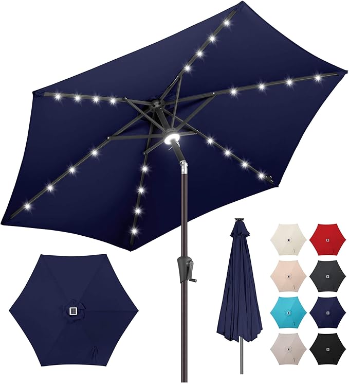 7.5ft Solar Umbrella Outdoor - Lighted Solar Patio Umbrella with 24 LED Lights Waterproof UV Protection, Table Umbrella with Tilt for Pool, Porch, Garden, Deck, Backyard (Navy Blue)