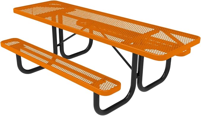 COATEDOUTDOORFURNITURE Heavy-Duty Portable ADA-Compliant Outdoor Picnic Table, Expanded Metal Patio Dining Furniture Made in America (8ft Rectangular, Both-Side Handicap, Textured Orange)