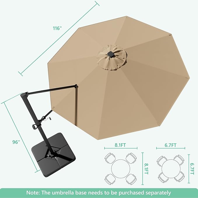 Greesum 10FT Outdoor Patio Umbrella with High Pedel and 4 Gear Heights, Large Offset Umbrella with Solar LED Lights and 360-degree Rotation, Without Base, Hanging Outdoor Shade for Garden, Brown