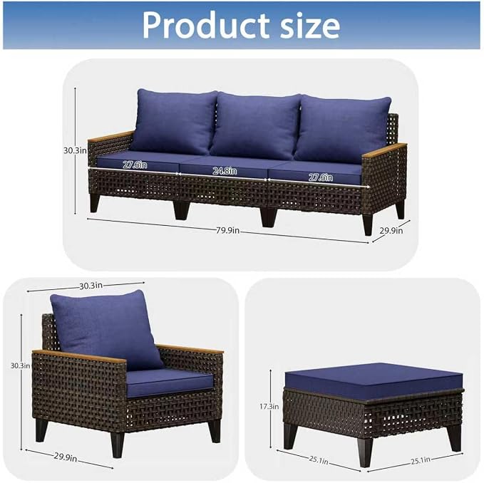 7 Piece Patio Furniture Set, All-Weather Wicker Rattan Outdoor Sectional Sofa Set with High Backrest and Thick Cushions for Garden, Porch, Poolside, Blue