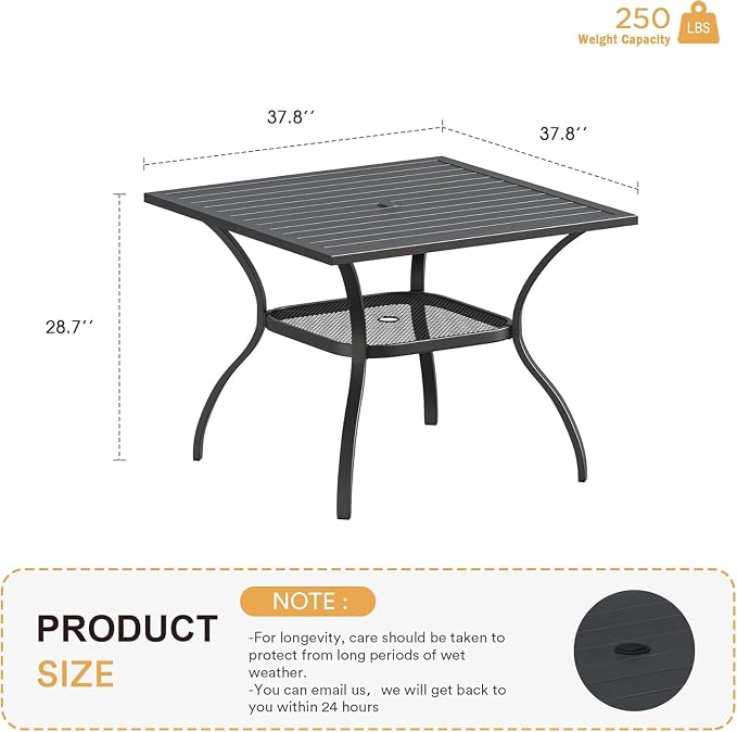VICLLAX 37.8" Square Outdoor Patio Dining Table, All Weather Metal Table for Lawn Garden, Black Tabletop for 4 People