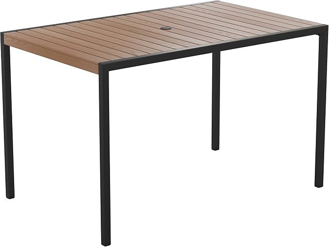 Flash Furniture Lark Outdoor Steel Dining Table with Umbrella Hole - Faux Teak Poly Slatted Top - Commercial Grade Table-Black Frame-30x48 Table Seats up to 4 Adults