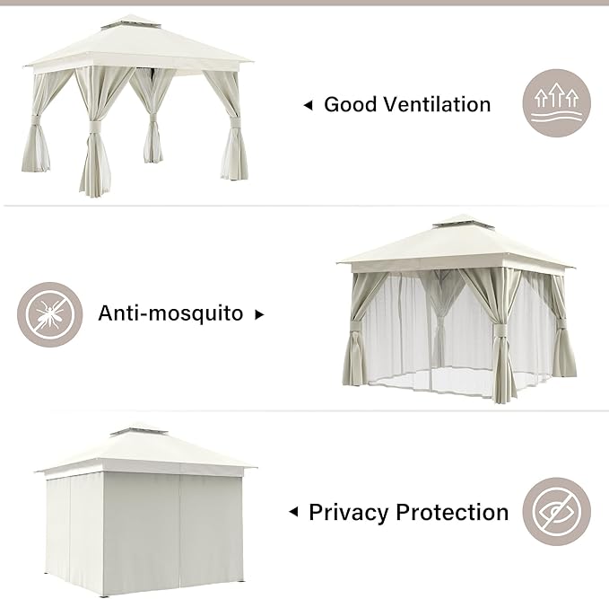 LAUSAINT HOME Patio Gazebo 10'x10', with 50ft Lights Outdoor Heavy Duty Party Tent Shelter with Double Roofs, Mosquito Nettings and Privacy Screens for Backyard, Garden, Lawn, Cream White
