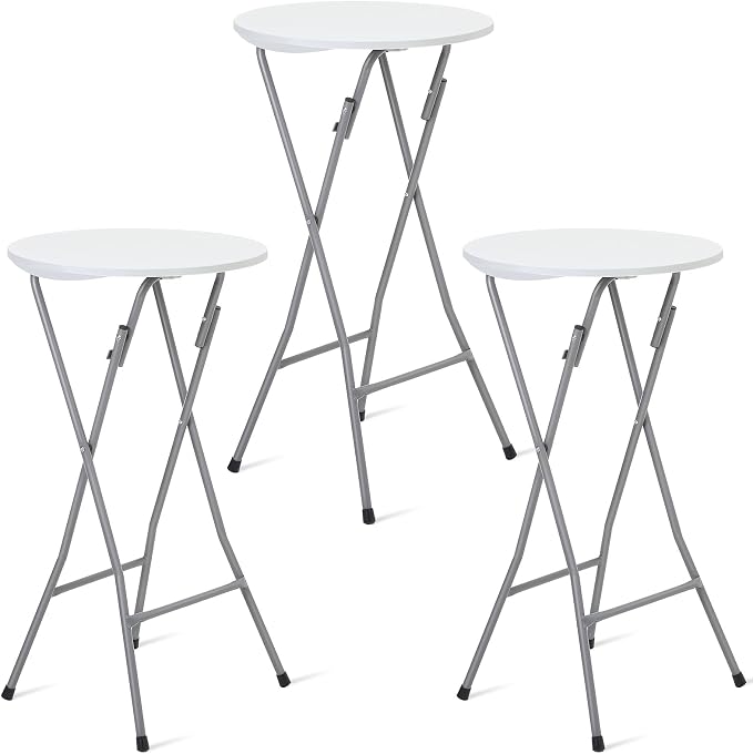 Hoteam 3 Pack Round Folding Table Round Cocktail Tables 23.6 x 44 Inch White High Top Table Portable Pub Bistro Highboy Furniture Table for Party, Backyard, Wedding, Indoor Outdoor Banquet, Events