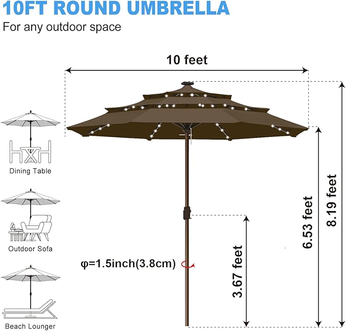 Eurmax USA 10-Year-Non-Fading 10FT 3-Tier Outdoor Patio Market Umbrella with LED Lights,UPF50+ UV Resistant,Commercial Grade,Crank Lift Design,Windproof Vented Top for Garden,Pool,Deck,Chestnut