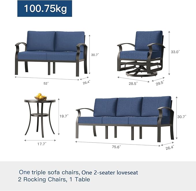 Kullavik Aluminum Patio Furniture Set,5 Pieces 7 Seat Metal Outdoor Furniture Conversation Set w/5.1" Cushions,Swivel Rocking Chairs Set,Navy Blue