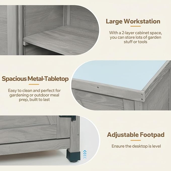 Gray Wood Outdoor Storage Box and Potting Bench with Metal Table Top, Weather-Resistant Deck Box for Patio Garden Tools, Sturdy X-Frame Work Station, 31 x 17 x 36 Inches