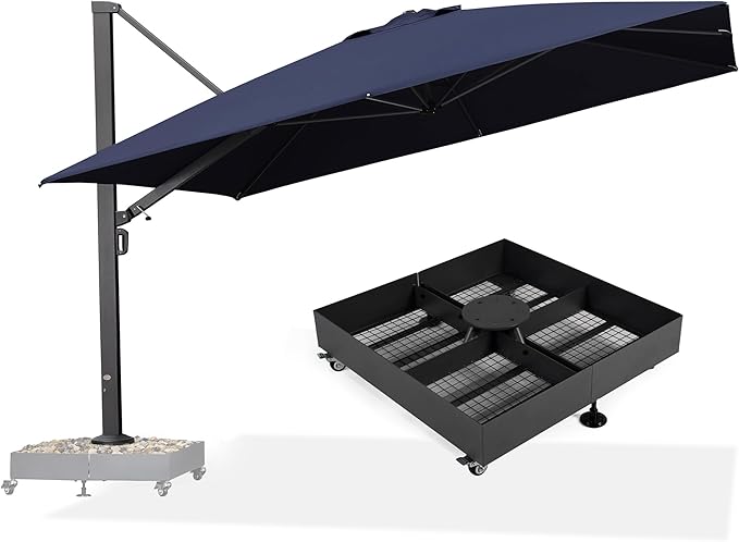 PURPLE LEAF 12 FT Square Patio Umbrella with Wheeled Base Large Offset Hanging Outdoor Cantilever Umbrella Included Base for Garden Deck Backyard Pool Navy Blue