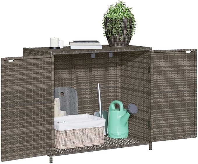Outdoor Storage Cabinet Gray 32.7x17.7x29.9 Inches PE Rattan & Steel Deck Box for Pool Toys, Gardening Tools, Patio Furniture Covers Accessories