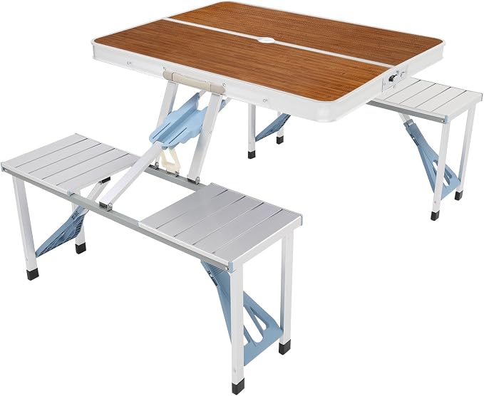 Folding Picnic Table with 4 Seats and Umbrella Hole, Portable Camping Picnic Table Set, Folding Lightweight Suitcase Card Table for Barbecue, Travel, Outing, Gathering