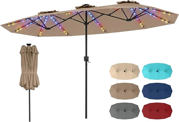 Tangkula 13 Ft Solar Patio Umbrella, Double-Sided Extra Large Outdoor Market Table Umbrella with Multi-Colored Flowing LED Lights, Crank Handle, 12 Sturdy Ribs for Poolside, Garden & Backyard (Tan)