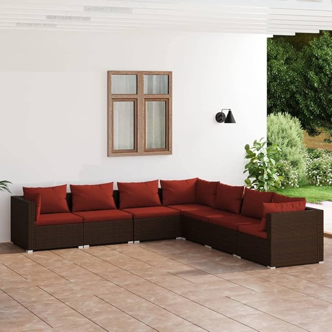 7 Piece Patio Lounge Set with Cushion, Piece Patio Set Patio Lounge Set Outdoor Patio Sectional Furniture Conversation Sets s Poly Rattan Brown