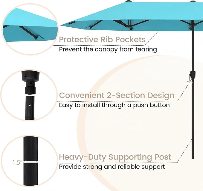 Tangkula 13 FT Large Patio Umbrella, Outdoor Double-Sided Table Market Umbrella w/Crank Handle, 12 Heavy-Duty Ribs, Sun-Protective Rectangular Twin Parasol for Garden Deck Lawn Poolside (Turquoise)