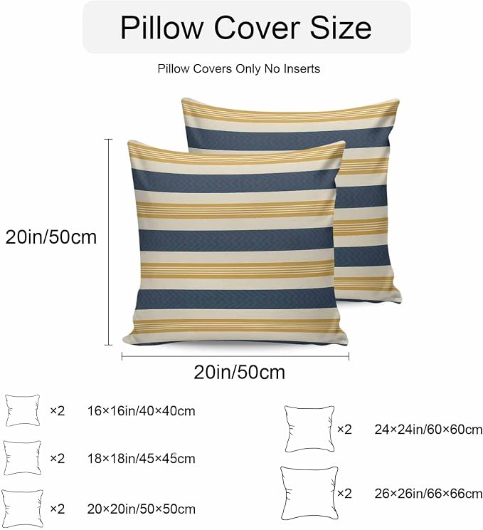 Vandarllin Outdoor Throw Pillows Covers 24x24 inch Set of 2 Waterproof Navy Blue Stripes Lines Decorative Zippered Cushion Covers for Patio Furniture, Yellow Classic Striped Lumbar Pillowcases