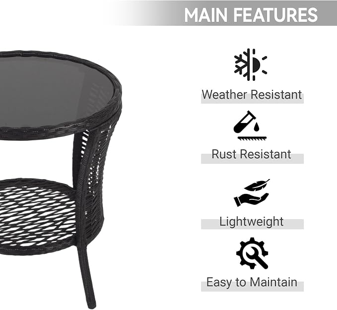 Outdoor Side Table - Patio Wicker End Table with Extra Storage Shelf, Rattan Outdoor Side Table with Round Glass Tabletop for Garden, Backyard, Porch, Black