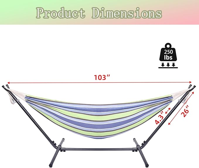 Hammock with Stand, Heavy Duty Hammock with Carrying Bag, Polyester Outdoor Hammocks for Outside Backyard, Camping, Garden, Yard, Patio, 250 lbs Weight Capacity (Green Stripes)