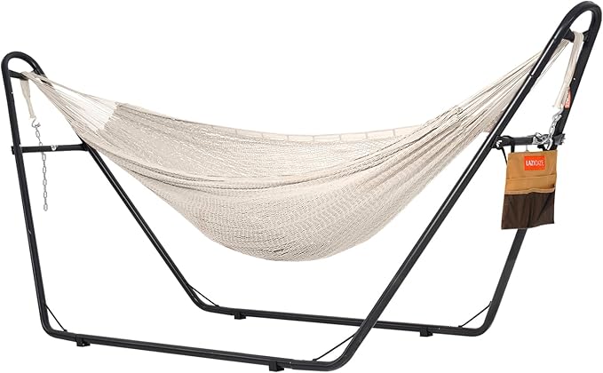 Lazy Daze Hammocks Handwoven Mayan Hammock with Heavy Duty Steel Stand, 10.5 FT Soft Rope Double Hammock for Patio Outside, 550 lbs Weight Capacity, Natural