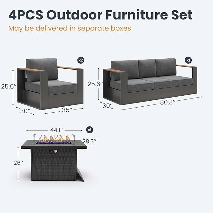 Aluminum Patio Furniture Set, 5 Seats Luxury Seating Furniture with 44" Fire Pit Table, All Weather Outdoor Conversation Sets with 6" Thickened Cushions
